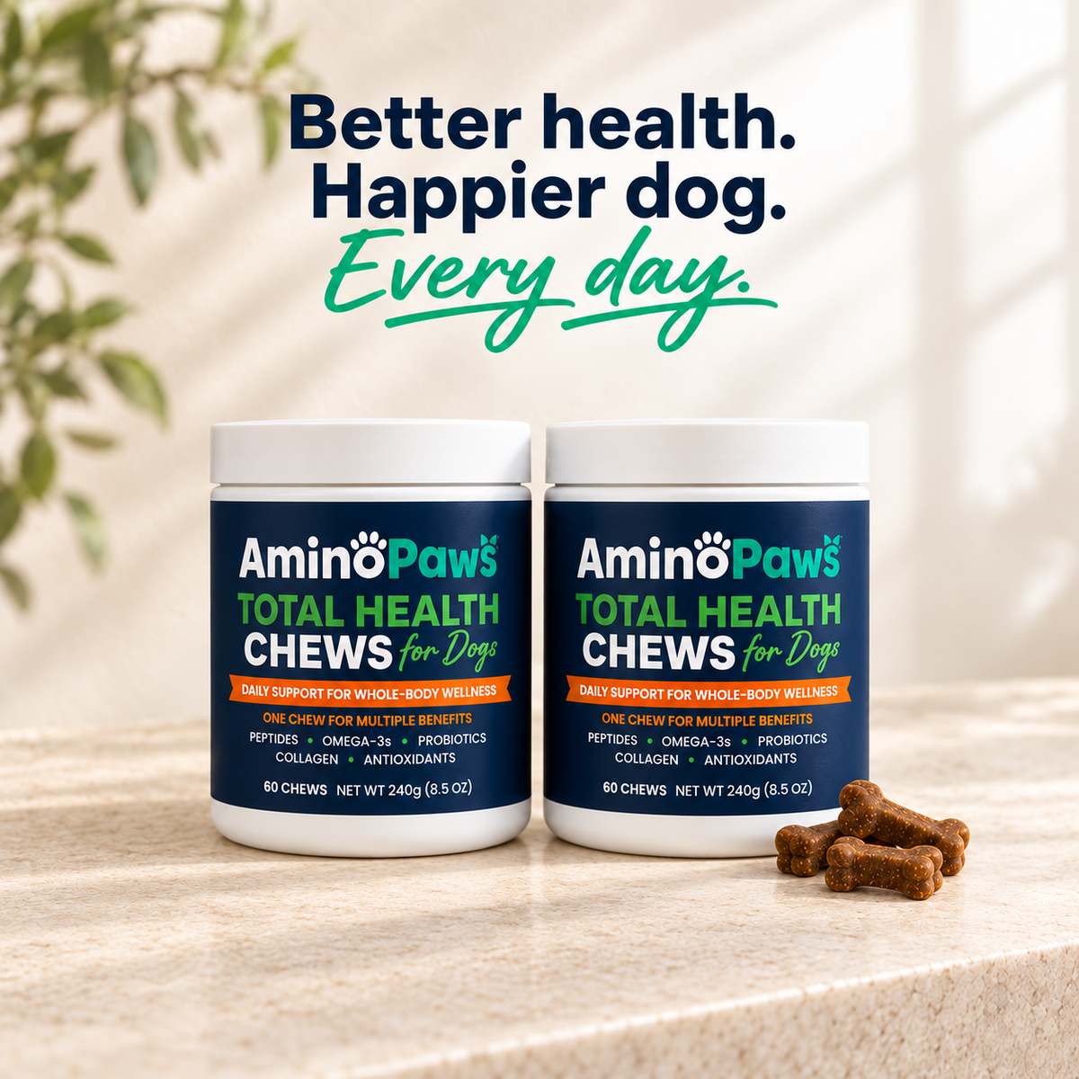 AminoPaws PREMIUM TOTAL HEALTH CHEWS for Dogs — 2-Jar Bundle (120 Chews)